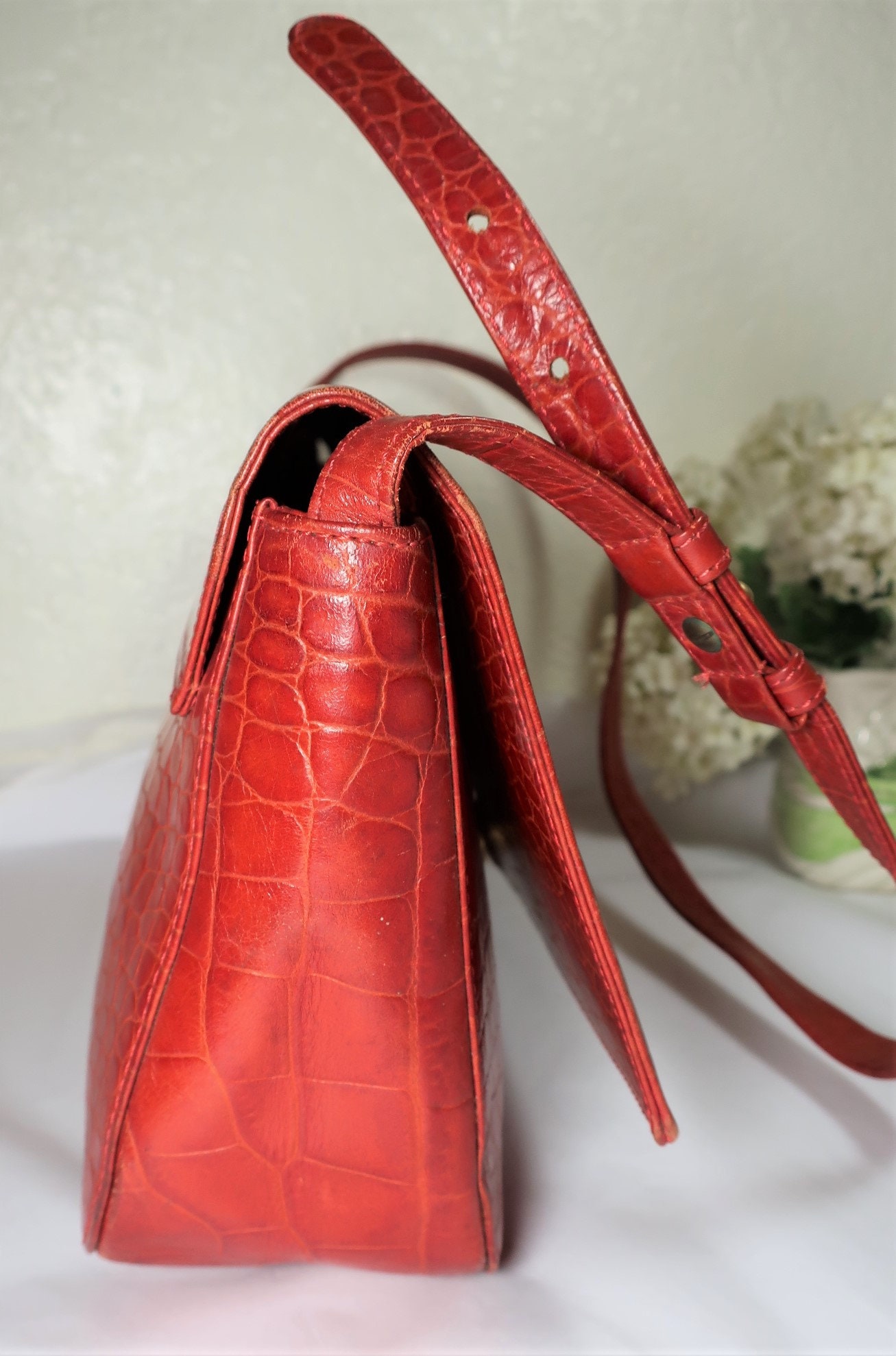 Vintage Gianni VERSACE Orange Croc Stamp Leather Medusa Face