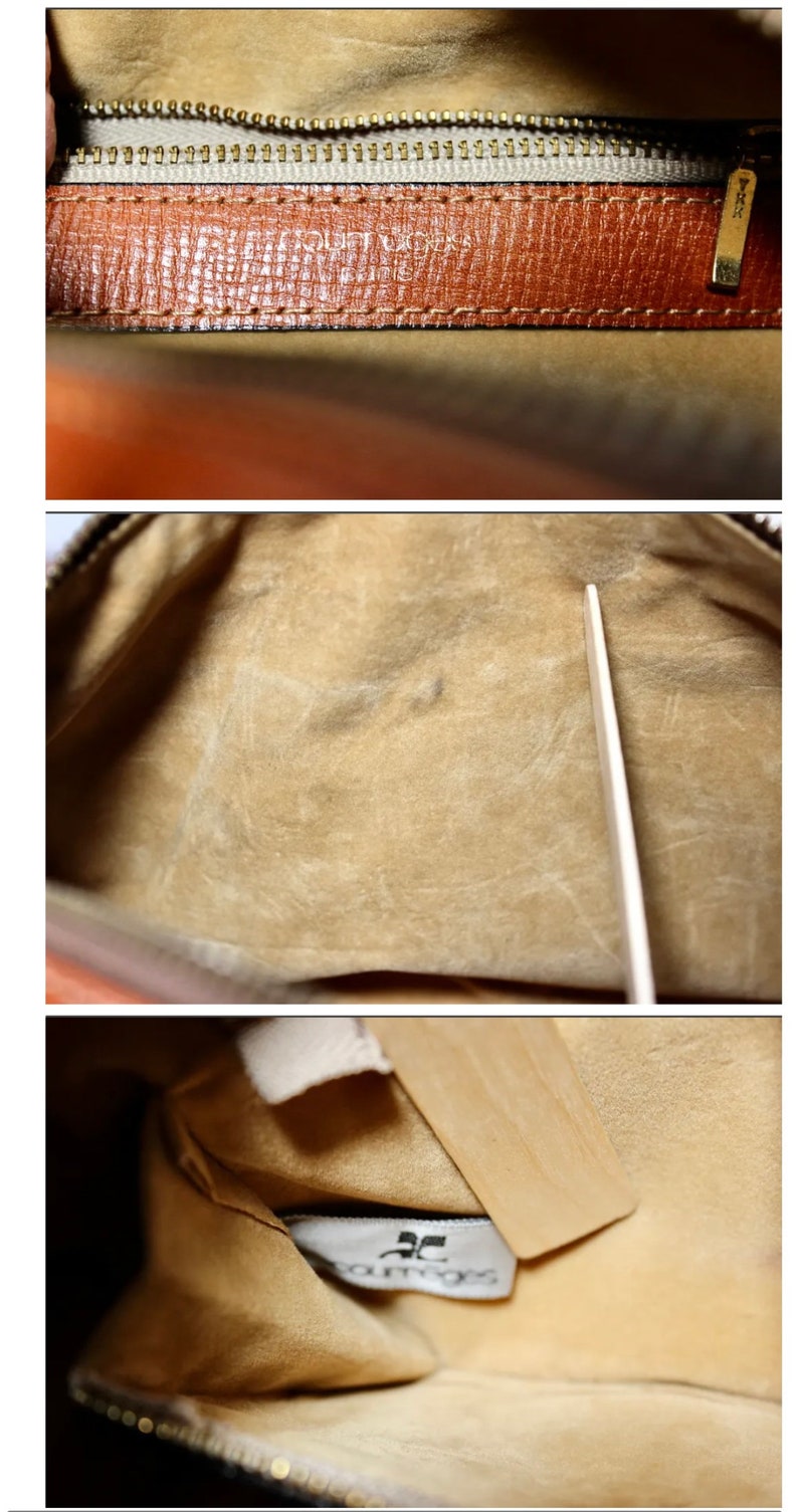 Puede incluir: Primer plano del interior de un bolso de cuero marr&oacute;n. El forro es de color beige claro con una peque&ntilde;a etiqueta negra que dice "Courr&egrave;ges".