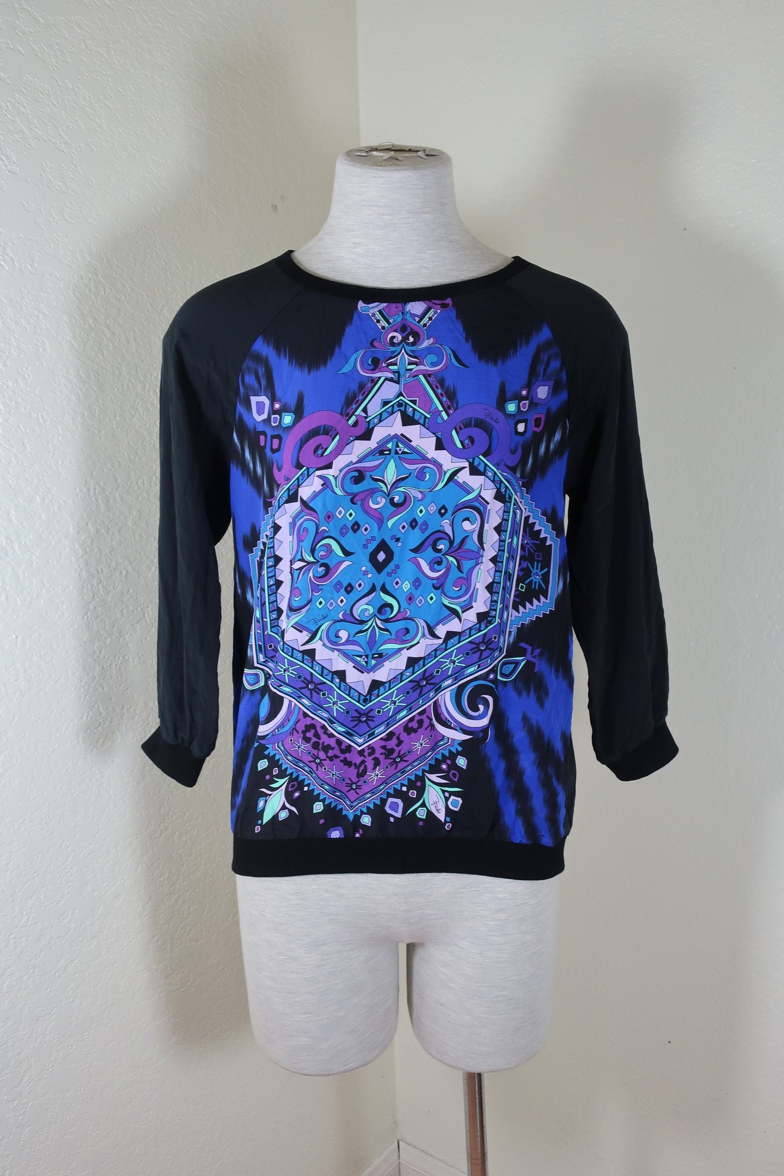 EMILIO PUCCI Black Blue Long Sleeve Silk Blouse Top Small 38 2 3 4 