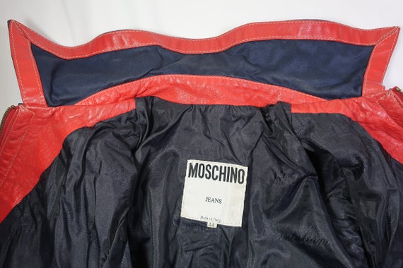 MOSCHINO Jeans Red Blue Leather Jacket Sz 44 7 8 - image 2