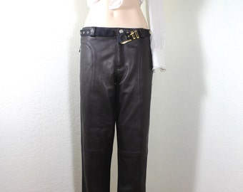 GIANNI VERSACE Chocolate Brown Leather Pants Medusa Face Buttons Logo Sz 30 31