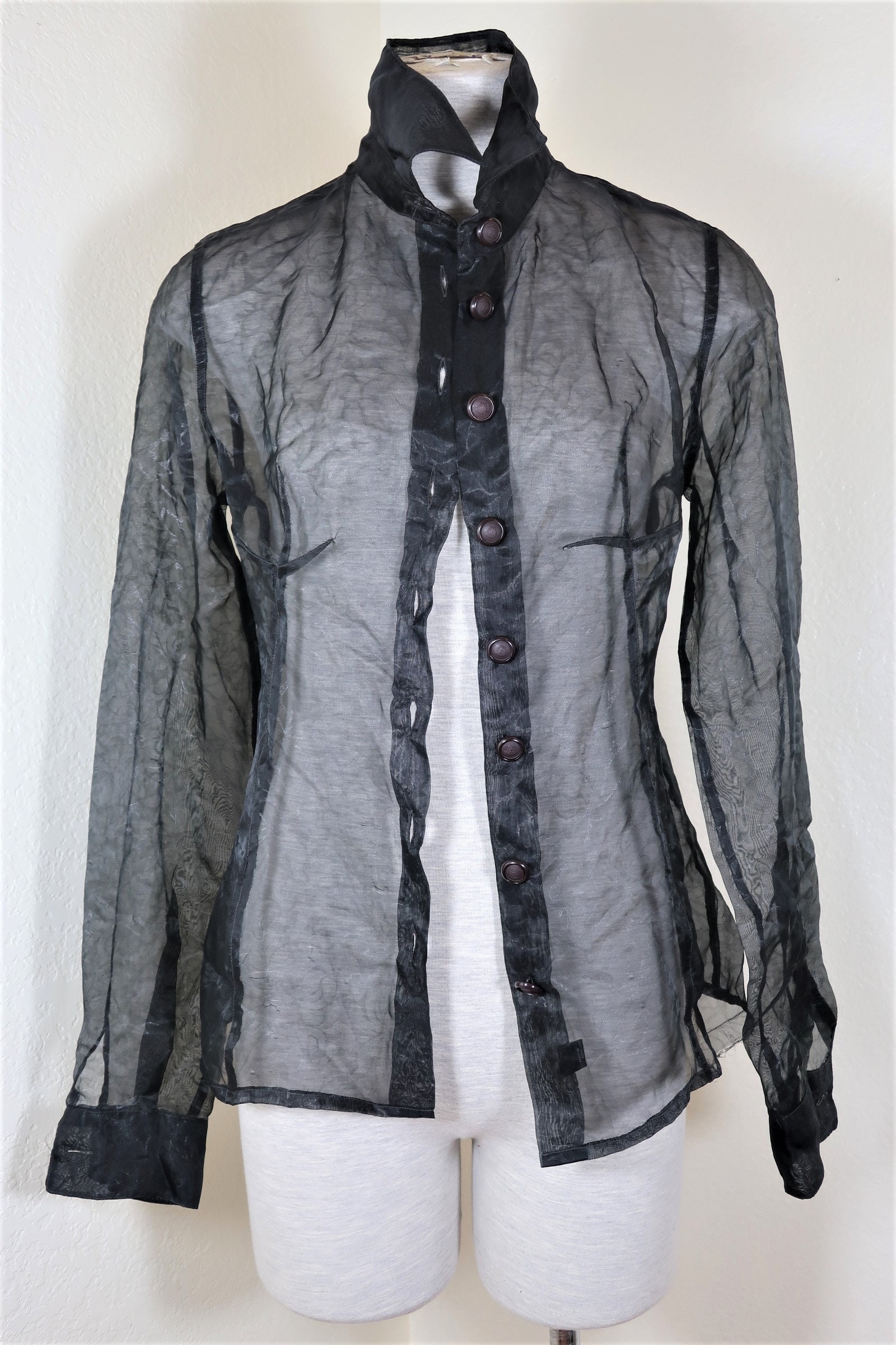 Vintage GIANNI VERSACE Black Mesh See-through Medusa Button Long 