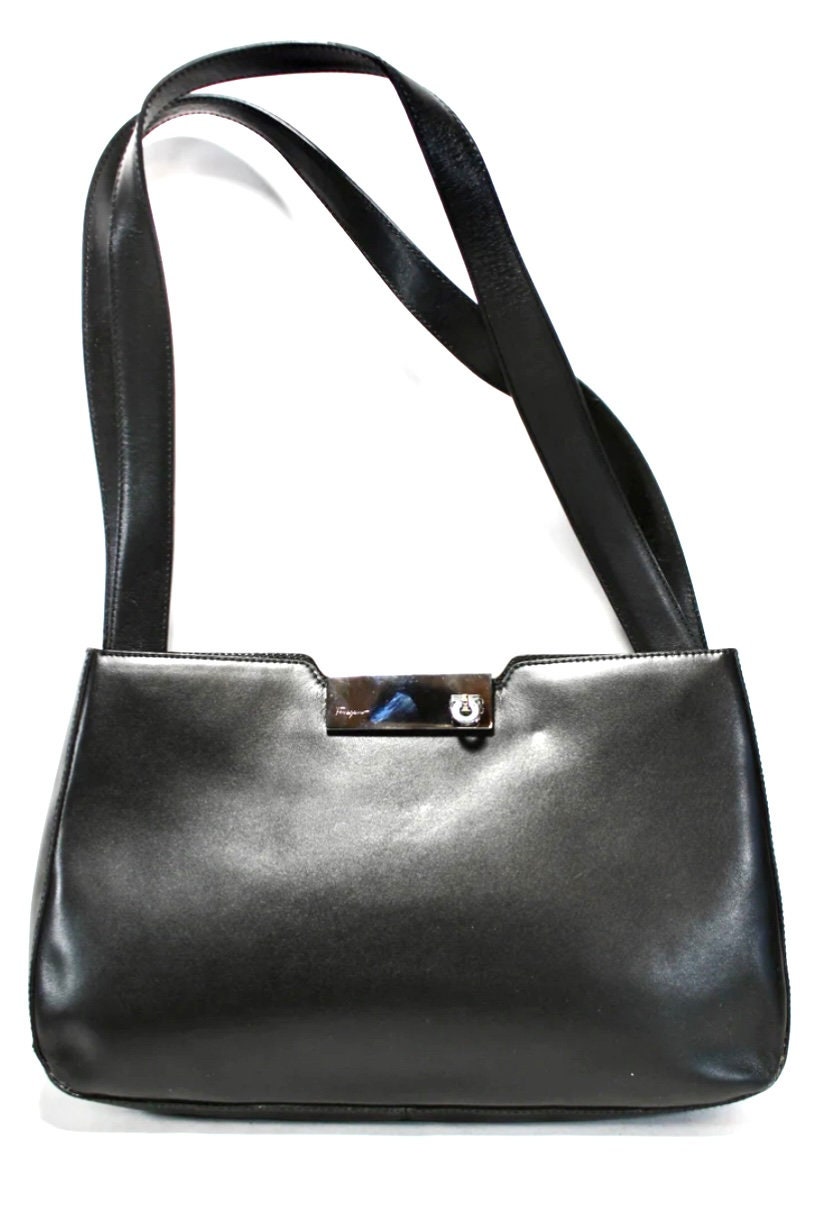 SALVATORE FERRAGAMO Black Leather Tote Handbag Double Handle