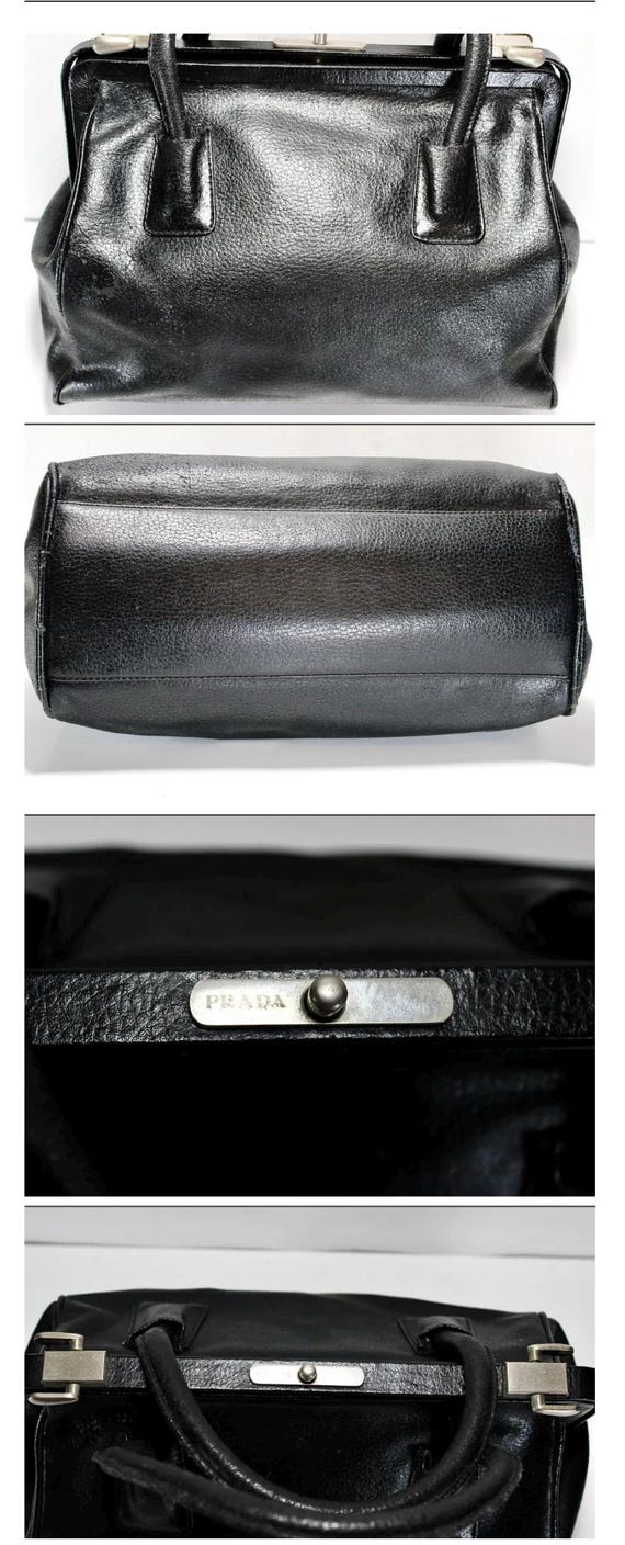 Vintage PRADA Black Leather Metal Frame Dr Bag Cerniera Double