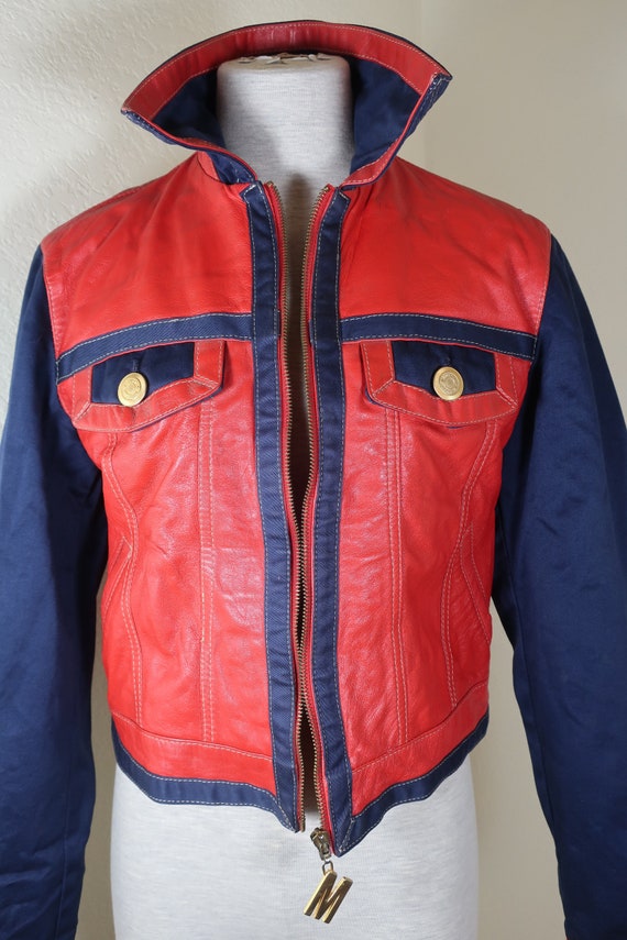 MOSCHINO Jeans Red Blue Leather Jacket Sz 44 7 8 - image 1