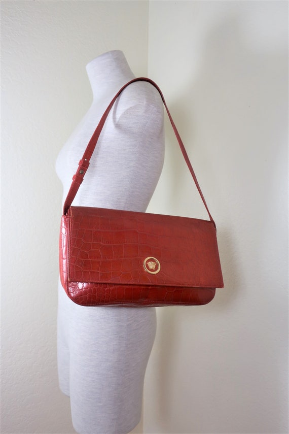 Vintage Gianni VERSACE Orange Croc Stamp Leather Medusa Face