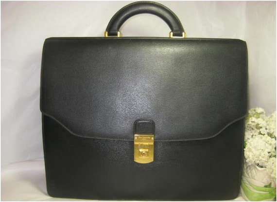 Guy Laroche Black Leather Briefcause Hand Bag Attache Case 