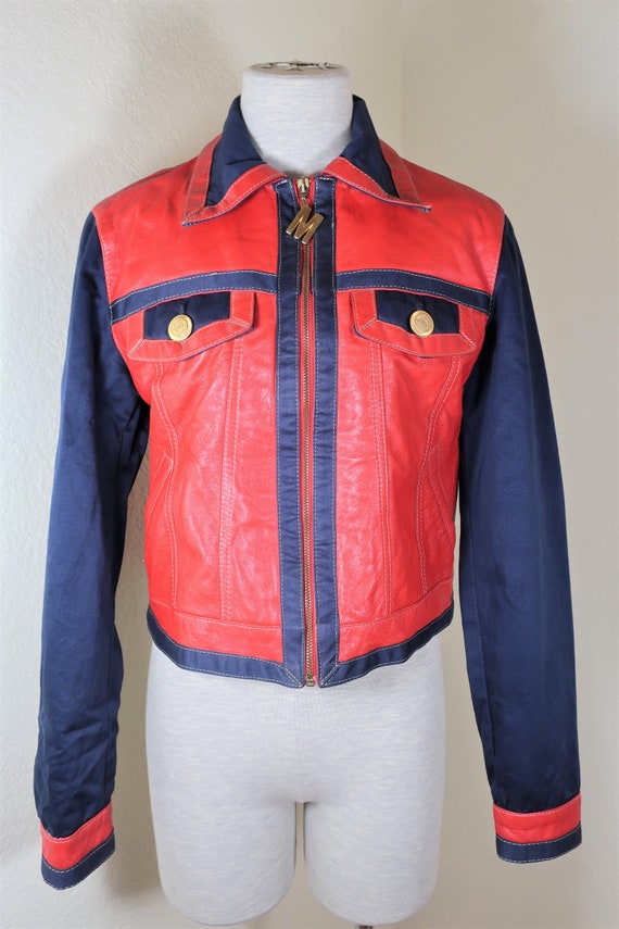 MOSCHINO Jeans Red Blue Leather Jacket Sz 44 7 8 - image 9