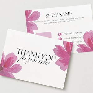 Könnte beinhalten: Zwei weiße Visitenkarten mit rosa Aquarell-Blumendesigns. Eine Karte trägt die Aufschrift "THANK YOU for your order", die andere "SHOP NAME" mit Kontaktdaten. Die Karten sind für kleine Unternehmen konzipiert.