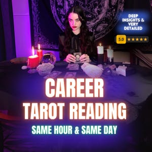 May include: A woman in a black top is holding a tarot card, with other cards on a table. The text "CAREER TAROT READING" is displayed, along with "SAME HOUR & SAME DAY". The image also includes candles, a crystal ball, and a rating of 5.0 stars.