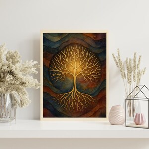Radiant Tree of Life Wall Art | Modern Abstract Boho Decor | Gold Spiritual Print | Mystical Roots Artwork |Inspirational Scripture