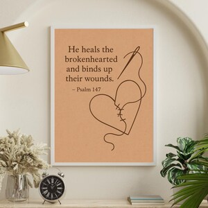 Psalm 147:3 Printable | He heals the brokenhearted and binds up their wounds | Minimalist Line Art | Healing Heart Christian Wall Art
