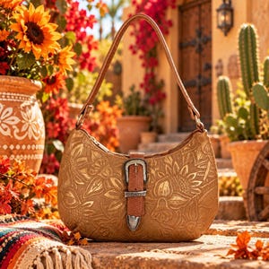May include: A tan shoulder bag featuring an embossed floral pattern across the surface. The bag includes a single strap and a central vertical leather tab secured by a silver-toned metal buckle with a pointed tip and engraved detailing.