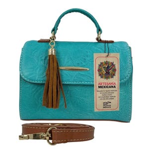 Bold Turquoise Sunflower Embossed Tooled Artisan LEATHER Crossbody Handbag Purse
