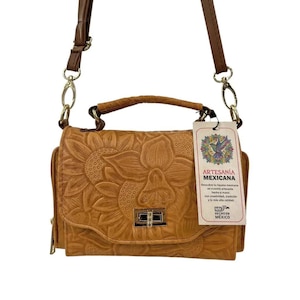 Honey Brown Sunflower Embossed Tooled Artisan LEATHER Wallet Handbag Purse - Bolsa Billetera Mexicana Artesanal de PIEL aka Cuero