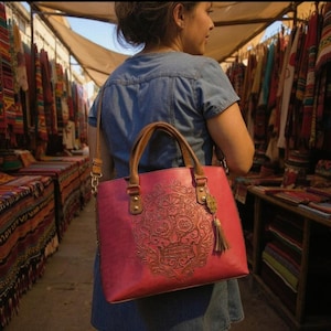 Sugar Skull Fushia Pink Embossed Tooled Artisan Bag Purse Tote Bolsa Artesana