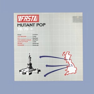 May include: A white record album cover with red and black text that reads "FASTI PRODUCT MUTANT POP 78/79-." The album cover lists bands and their locations, including The Mekons, 23, The Human League, Gang of Four, Scars, and Flowers. A black and white illustration of the Statue of Liberty is in the bottom left corner. A red outline of the United Kingdom is in the bottom right corner with blue arrows pointing to different locations.