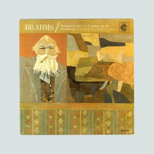 May include: A vintage vinyl record cover featuring a colorful abstract design with a portrait of Johannes Brahms. The text on the cover reads "BRAHMS/ Symphony No. 1 in C minor, op. 68 Joseph Krips conducting the Vienna Philharmonic Orchestra".