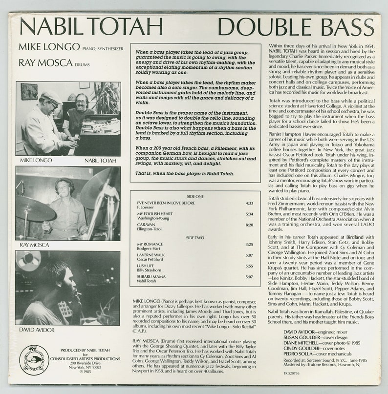 Nabil Totah, Double Bass, with Mike Longo and Ray Mosca. Vinyl Jazz Trio Record, Consolidated Artists Productions TR 520736. Sealed LP Album image 3