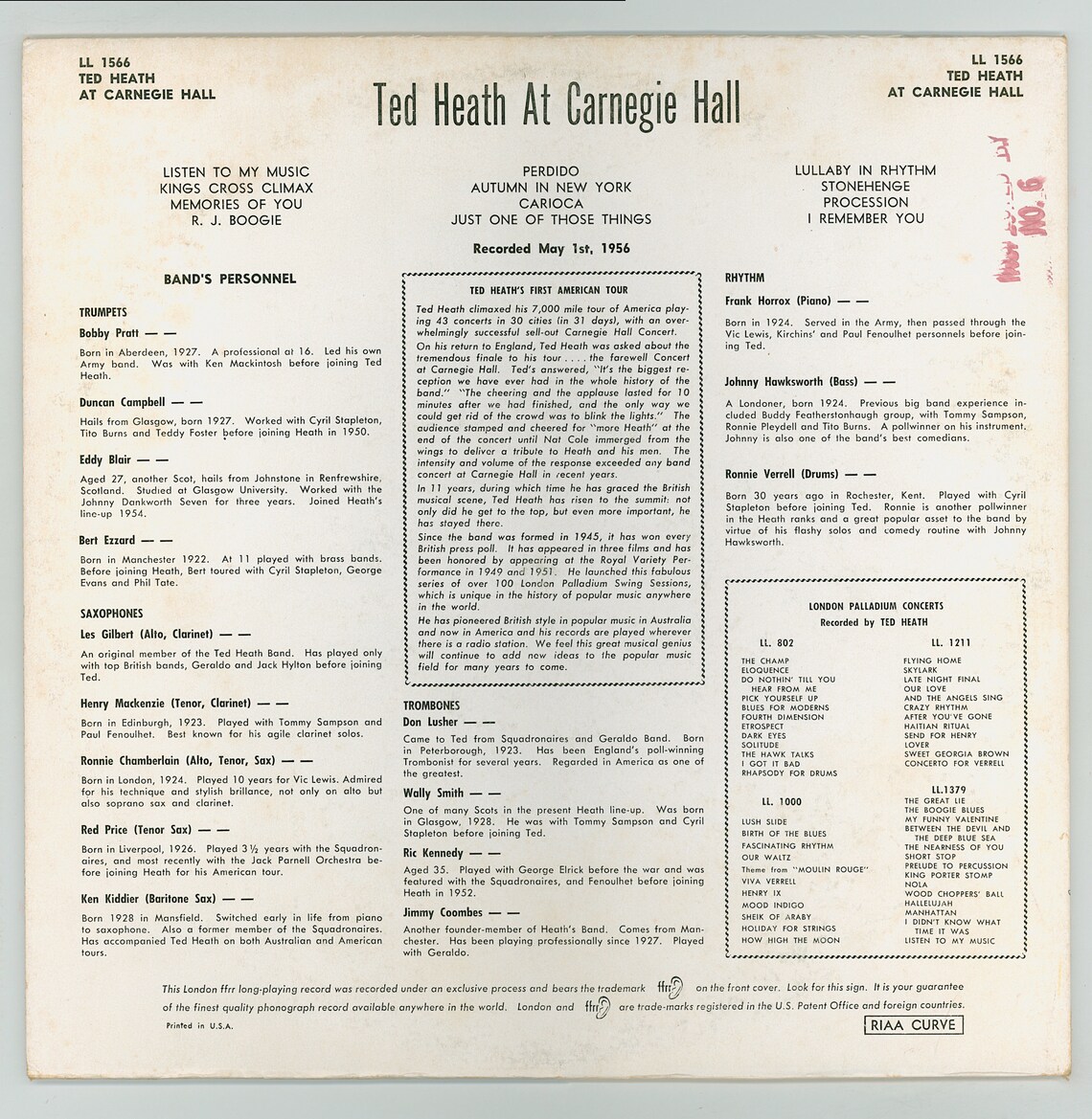 Ted Heath Jazz Orchestra at Carnegie Hall. American Tour. London Records. 1956 Live LP., photo 2 of 4