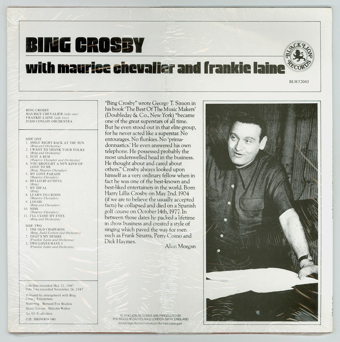 Bing Crosby, Maurice Chevalier, Frankie Laine - 1983 LP, Black Lion Records. Sealed, photo 2 of 3
