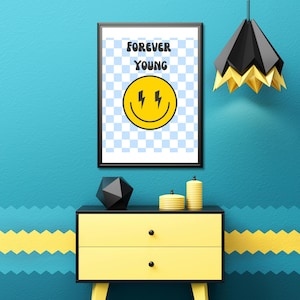 Forever Young Printable Wall Art | 8.5x11 Digital Download | Boys Room Decor | Retro | Lightning Smiley Face | Blue Checkered Print