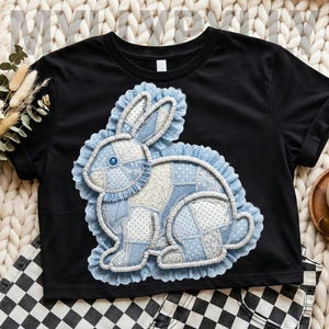 Conejito de Pascua con patchwork PNG, diseño de sublimación en mezclilla, impresión DTF de conejo cristiano, descarga instantánea