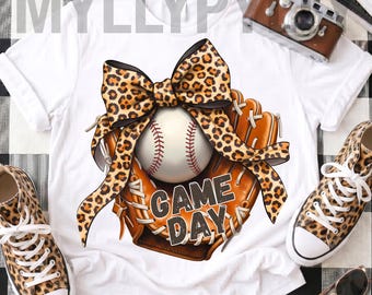 Baseball Mom PNG, Leopard Bow Sublimation Design, Game Day Digital Download, T-shirt