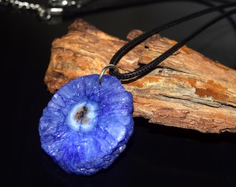 Natural Blue Solar Quartz Pendant Necklace, 75 Ct Crystalline Agate Stalactite, 1.5mm Black Cord, Unique Artisan Jewelry, Healing Crystal
