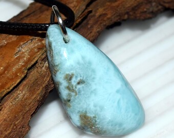Natural Larimar Pendant Necklace, Blue Ocean Gemstone Jewelry, Healing Crystal Talisman, Handmade Boho Gift, Sterling Style Charm