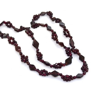 Natural Bohemian Garnet Beaded Necklace, Genuine Pyrope Red Garnet Grape Cluster Rope Strand, Antique Style January Birthstone Statement