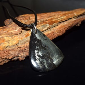 Natural Apache Gold Pear Pendant Necklace, Pyrite in Schist Gemstone Charm, Root Chakra Protection Jewelry, Metallic Black Gold Gift