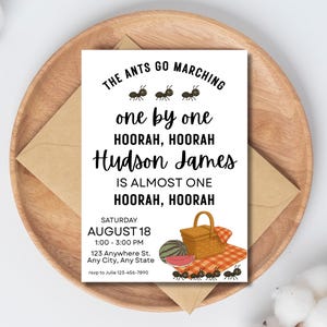 Ants Go Marching Birthday Invite, Ant First Birthday Party Invitation, Classic Kid&#39;s Picnic Theme Invite, Editable Bug Invite, Red Gingham