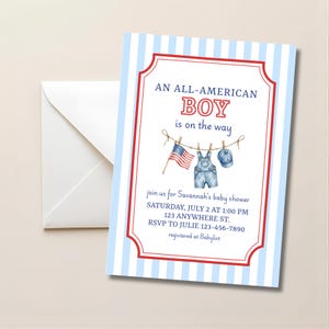 May include: A baby shower invitation with a red and blue striped border. The text reads "AN ALL-AMERICAN BOY is on the way." Watercolour illustrations include an American flag, dungarees, and a baseball cap. An envelope is on the left.