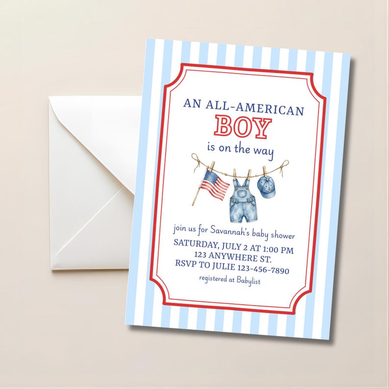 May include: A baby shower invitation with a red and blue striped border. The text reads "AN ALL-AMERICAN BOY is on the way." Watercolour illustrations include an American flag, dungarees, and a baseball cap. An envelope is on the left.