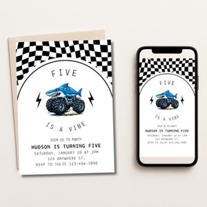 May include: A birthday invitation featuring a blue shark-shaped monster truck with the text "FIVE IS A VIBE." The invitation includes party details: "HUDSON IS TURNING FIVE" on Saturday, January 20 at 2 PM, at 123 Anywhere St. RSVP to Julie.