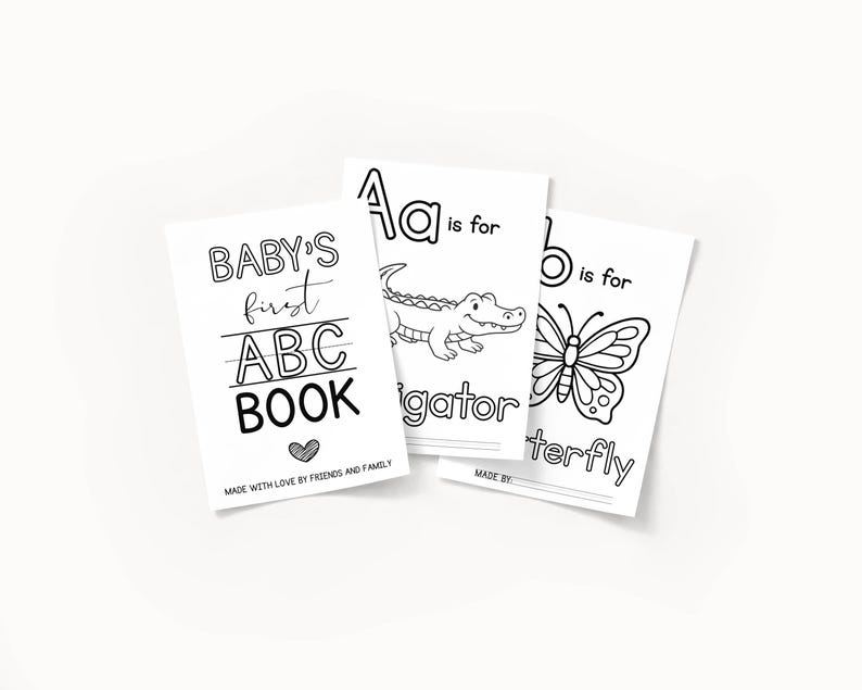 May include: Three black and white baby ABC books. One book reads "BABY'S first ABC BOOK" with a heart. The other two books show the letters "A" and "B" with illustrations of an alligator and a butterfly.
