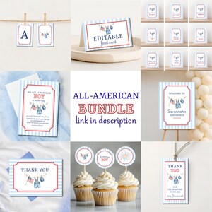 May include: A collection of baby shower decorations with a patriotic theme. Designs include red, white, and blue stripes, illustrations of dungarees, and American flags. Text includes "All-American Boy" and "Thank You".