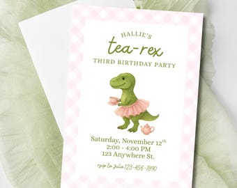 Invitación de cumpleaños de Tea-Rex: Plantilla de invitación para fiesta de té con tutú de dinosaurio (descarga digital)