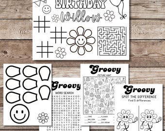 Bundel met Groovy Birthday Party Games: afdrukbare thema-activiteiten uit de jaren 70 (digitale download)
