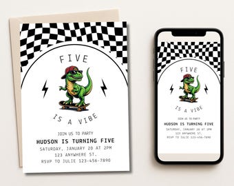 Five is a Vibe Birthday Invite: Cool Dinosaur Birthday Invitation Template (Digital Download)