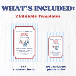 May include: Two baby shower invitation templates. The larger one is 5x7 inches, and the smaller one is 1080 x 1920 px. Both have a red and blue theme with the text "AN ALL-AMERICAN BOY is on the way". The invitations include details for Savannah's baby shower.