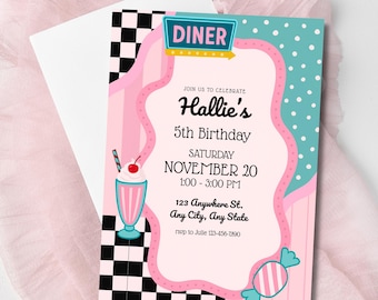 50s Diner Birthday Invitation Template, Retro Milkshake Party Invite, Pink Teal Retro Diner Invitation, Printable Rock n Roll Birthday Decor