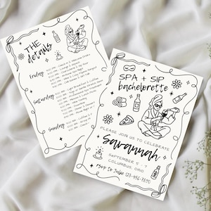 May include: Two black and white spa-themed bachelorette party invitations. The invitations feature hand-drawn illustrations of spa elements, wine bottles, and a woman in a robe. The text includes the event details, date, location, and RSVP information.