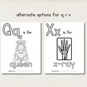 May include: Two black and white educational flashcards. One card features the letter "Qq" with the word "queen" and an illustration of a queen. The other card shows "Xx" with the word "x-ray" and a hand x-ray image.