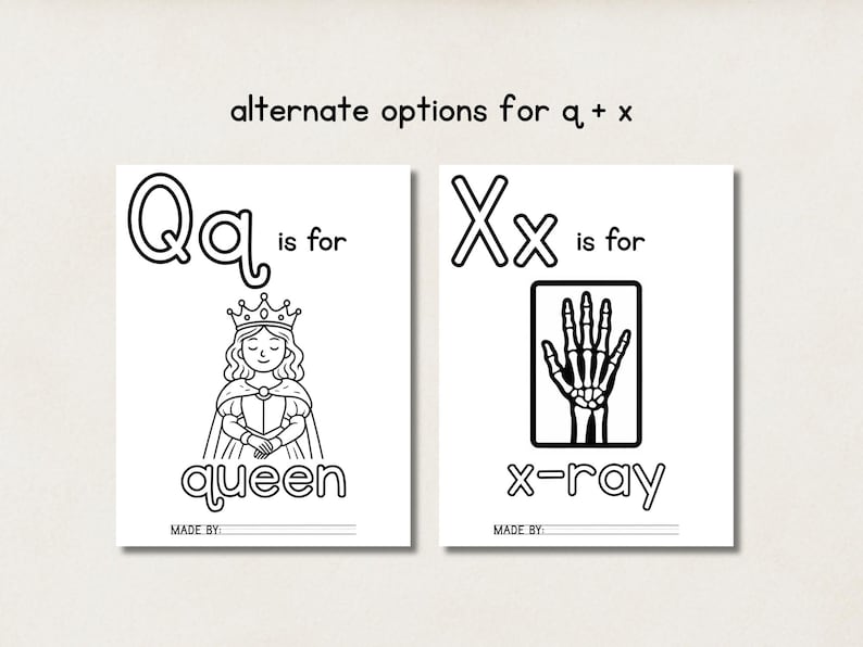 May include: Two black and white educational flashcards. One card features the letter "Qq" with the word "queen" and an illustration of a queen. The other card shows "Xx" with the word "x-ray" and a hand x-ray image.