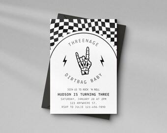 May include: A black and white invitation card with a rock and roll theme. The card features a checkered pattern, a skeleton hand, and the text "THREENAGE DIRTBAG BABY". It includes event details: Hudson is turning three, date, time, and RSVP information.