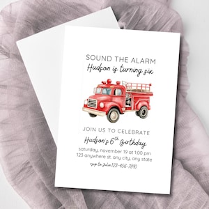 Firetruck Birthday Invitation Template, Firefighter Birthday Party Invite, Firetruck Birthday, Sound the Alarm Editable Party Invite