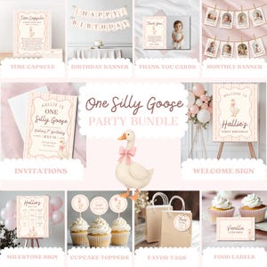 One Silly Goose Birthday Party BUNDLE, Vintage Floral Stripe Background, Watercolor Goose with Bow, Cute Trendy Editable Party Templates
