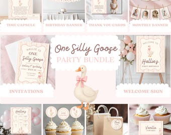 One Silly Goose-Geburtstags-Party-Bundle: Aquarell-Gans, Blumenmuster (bearbeitbare Vorlagen, digitaler Download